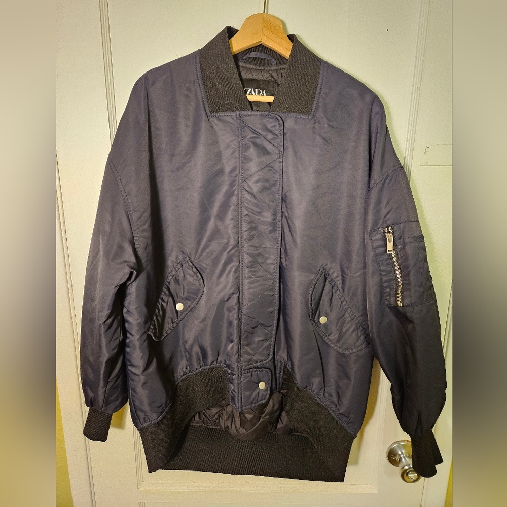 Zara Women's Baggy Bomber Size Small Navy Blue